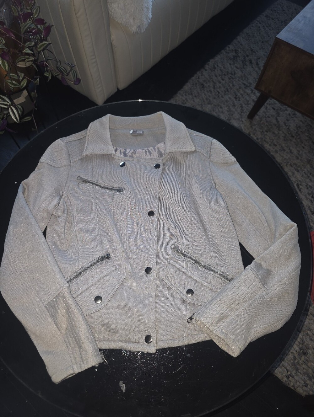 Sparkle & Fade Light Gray Moto-Style Jacket with Silver Hardware